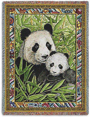 70x54 PANDA BEAR Mother & Cub Bamboo Wildlife Tapestry Afghan Throw Blanket