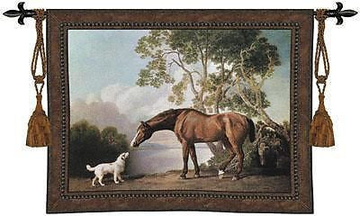 53x41 Bay Horse and White Dog Tapestry Wall Hanging