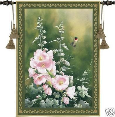 53x38 HUMMINGBIRD Hollyhock Floral Tapestry Wall Hanging