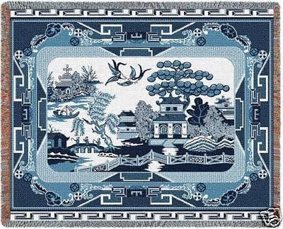 70x54 WILLOW BLUE Asian Throw Blanket