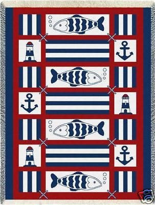 70x50 NAUTICAL FISH Sailing Anchor Afghan Throw Blanket