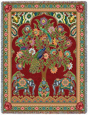 70x53 INDIA Tree of Life Peacock Elephant Floral Tapestry Afghan Throw Blanket