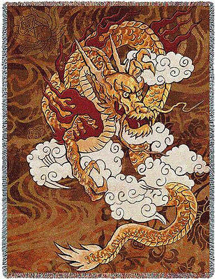 70x53 GOLDEN DRAGON Fire Chinese Asian Tapestry Throw Blanket