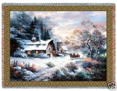70x53 Country Cottage Winter Snow Tapestry Throw Blanket